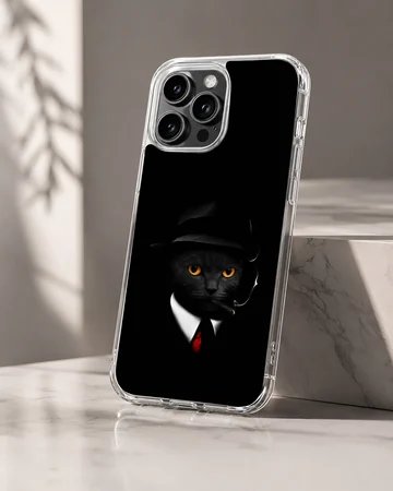 Phone case featuring black cat with hat and orange eyes — Hero