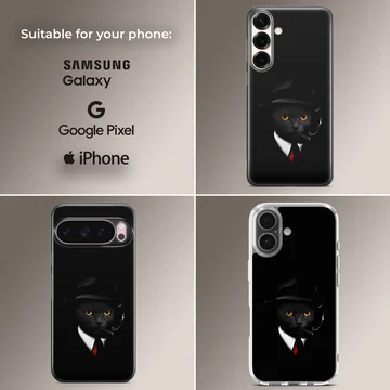 Phone case featuring black cat with hat and orange eyes — Collage