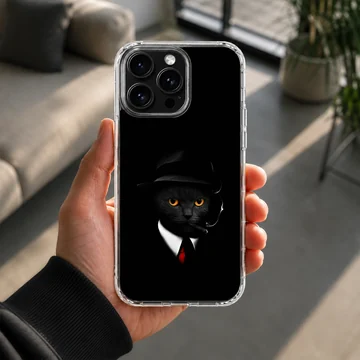 Phone case featuring black cat with hat and orange eyes — Lifestyle
