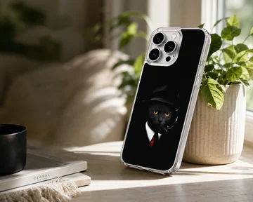 Phone case featuring black cat with hat and orange eyes — Lifestyle