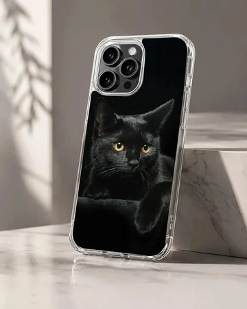 Serene black cat resting with intense gaze on phone case