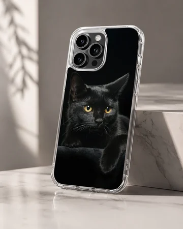 Serene black cat resting with intense gaze on phone case — Hero