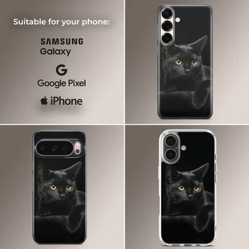 Serene black cat resting with intense gaze on phone case — Collage