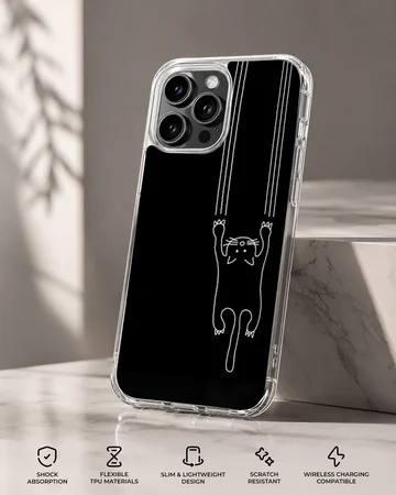 Minimalist black cat artwork on phone case — Specs