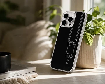 Minimalist black cat artwork on phone case — Lifestyle