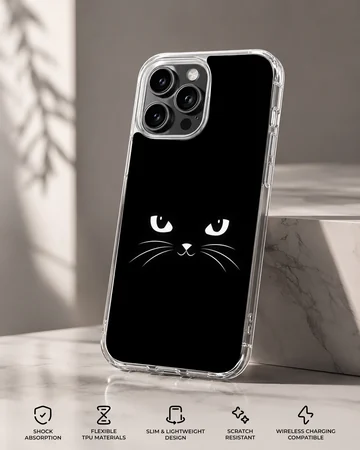 Minimal black cat illustration on phone case — Specs