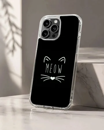 Black Cat minimalist design with 'Meow' and whiskers on a phone case