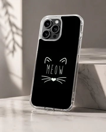 Black Cat minimalist design with 'Meow' and whiskers on a phone case — Hero
