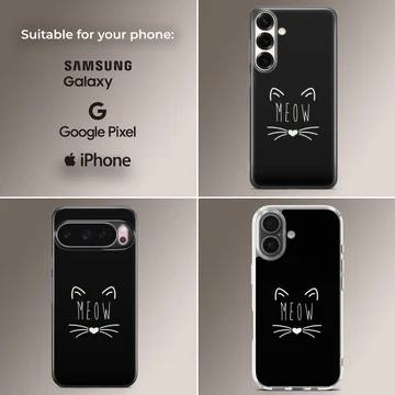 Black Cat minimalist design with 'Meow' and whiskers on a phone case — Collage