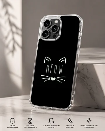 Black Cat minimalist design with 'Meow' and whiskers on a phone case — Specs