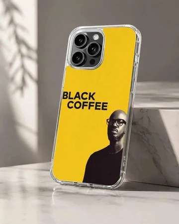 Bold Black Coffee artwork on a minimalist yellow phone case