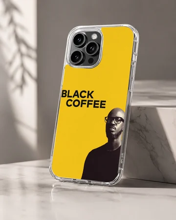 Bold Black Coffee artwork on a minimalist yellow phone case — Hero