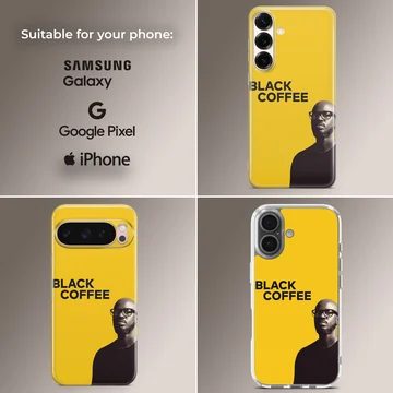 Bold Black Coffee artwork on a minimalist yellow phone case — Collage