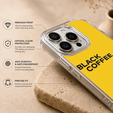 Bold Black Coffee artwork on a minimalist yellow phone case — Info