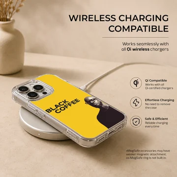 Bold Black Coffee artwork on a minimalist yellow phone case — Charging