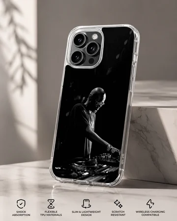 Black and white DJ performing design on phone case — Specs