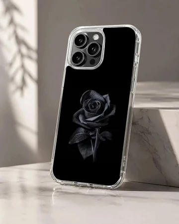 Black flower on a phone case with elegant floral design.