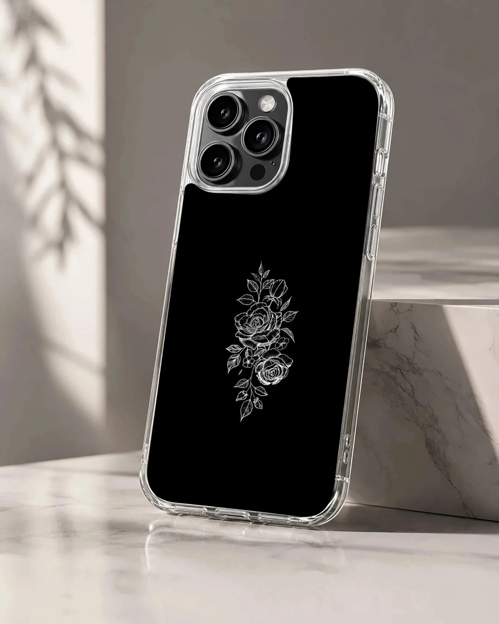 Black flower minimalist design phone case in black and white.