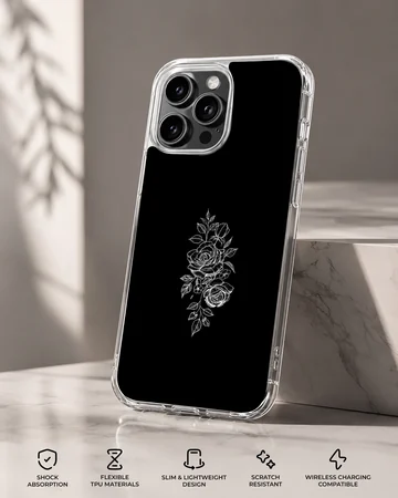Black flower minimalist design phone case in black and white. — Specs