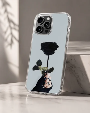 Black flower photograph with hand holding a rose phone case — Hero