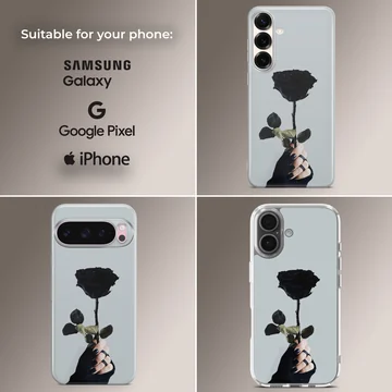 Black flower photograph with hand holding a rose phone case — Collage