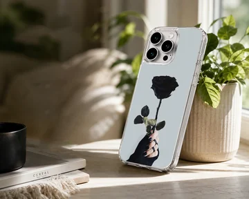 Black flower photograph with hand holding a rose phone case — Lifestyle
