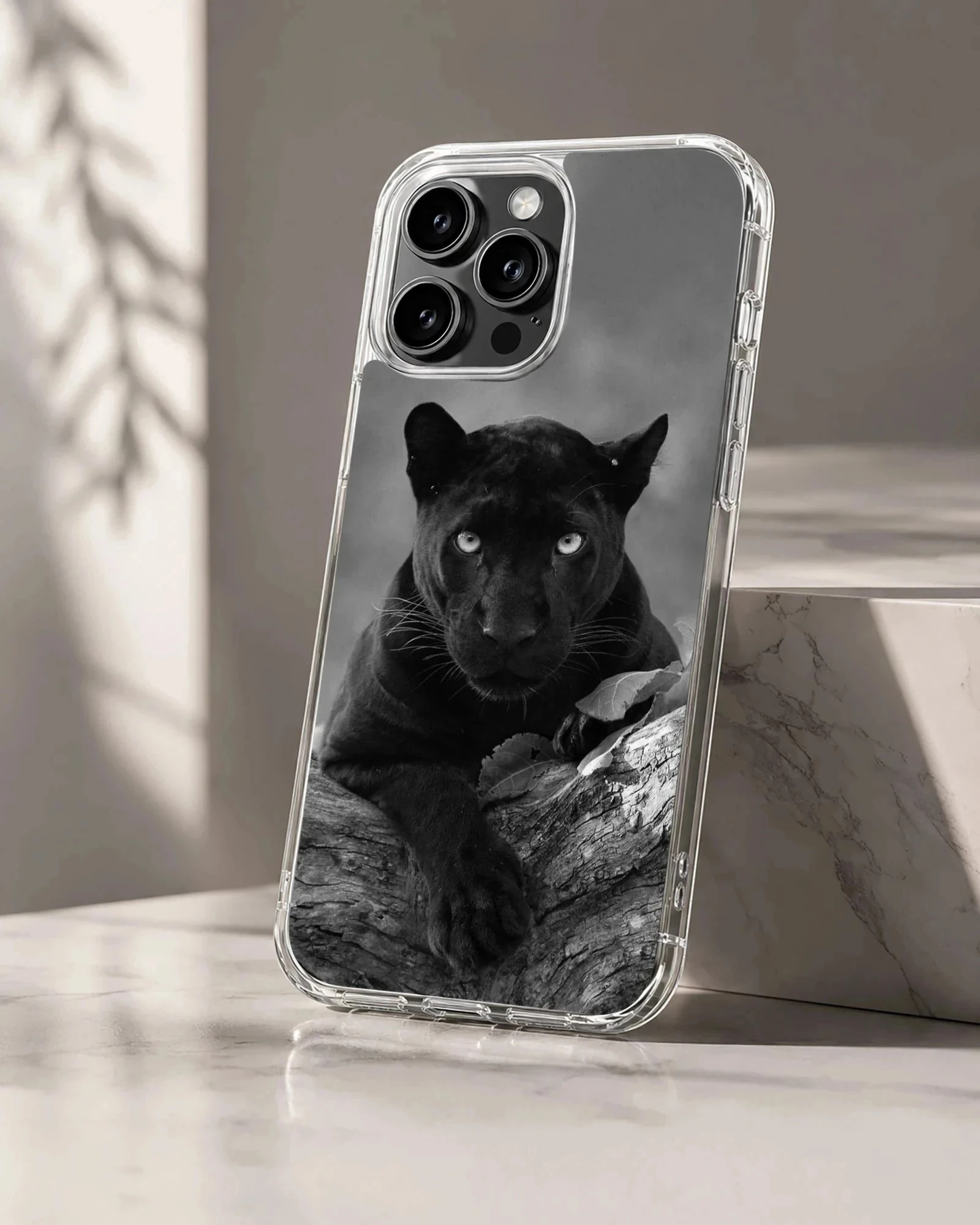 Photographic black panther phone case in serene setting