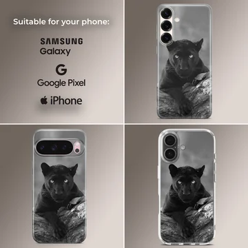 Photographic black panther phone case in serene setting — Collage