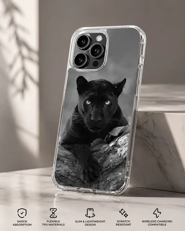 Photographic black panther phone case in serene setting — Specs