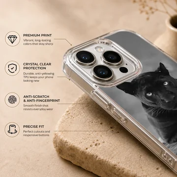Photographic black panther phone case in serene setting — Info