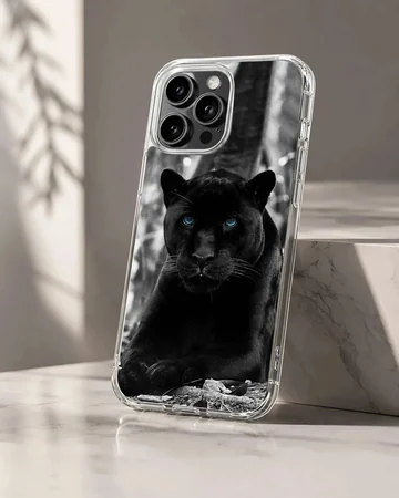 Black Panther with striking blue eyes on phone case