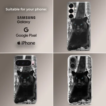Black Panther with striking blue eyes on phone case — Collage