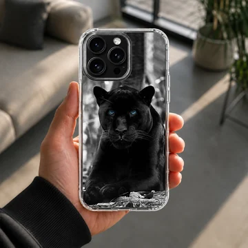 Black Panther with striking blue eyes on phone case — Lifestyle