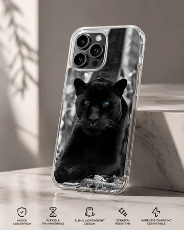 Black Panther with striking blue eyes on phone case — Specs