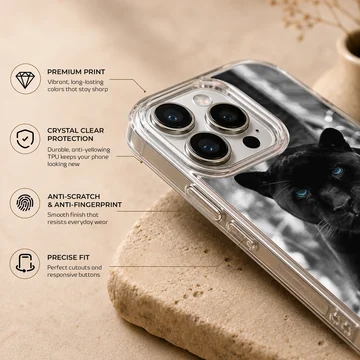 Black Panther with striking blue eyes on phone case — Info
