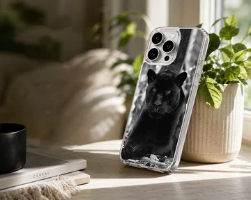 Black Panther with striking blue eyes on phone case — Lifestyle