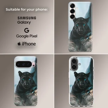Striking black panther on a wildlife phone case — Collage