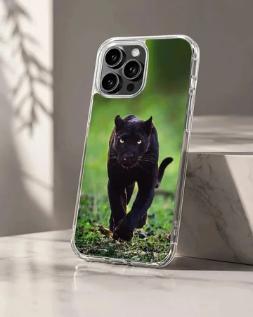 Photographic design of a black panther in a wildlife setting on phone case