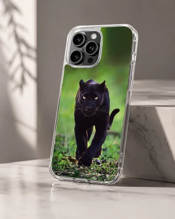 Photographic design of a black panther in a wildlife setting on phone case — Hero