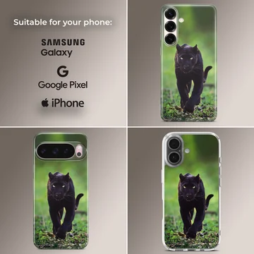 Photographic design of a black panther in a wildlife setting on phone case — Collage