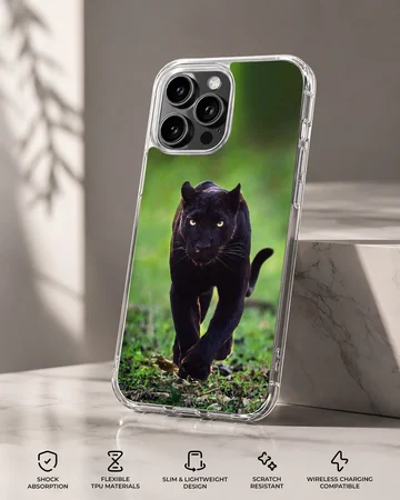 Photographic design of a black panther in a wildlife setting on phone case — Specs