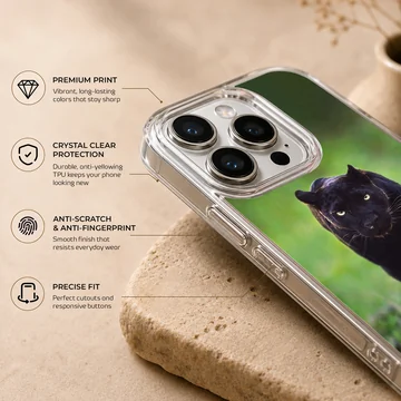 Photographic design of a black panther in a wildlife setting on phone case — Info