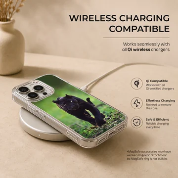 Photographic design of a black panther in a wildlife setting on phone case — Charging
