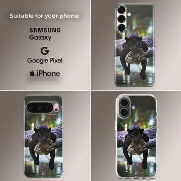 Dynamic black panther resting on tree over water, nature phone case — Collage