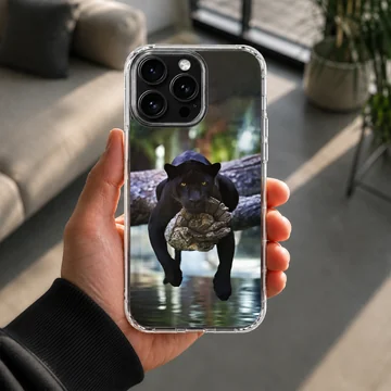 Dynamic black panther resting on tree over water, nature phone case — Lifestyle