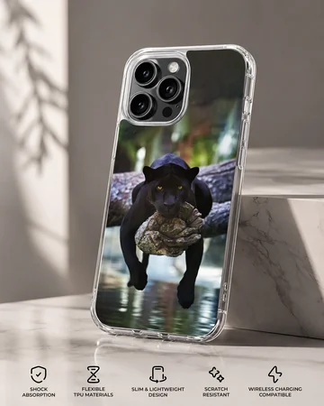 Dynamic black panther resting on tree over water, nature phone case — Specs