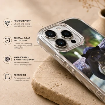 Dynamic black panther resting on tree over water, nature phone case — Info