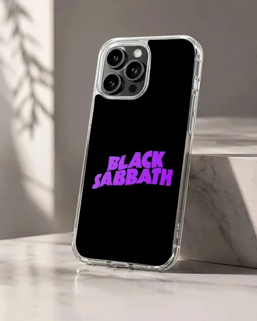 Black Sabbath bold typography design on a phone case