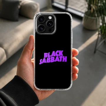 Black Sabbath bold typography design on a phone case — Lifestyle