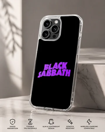 Black Sabbath bold typography design on a phone case — Specs